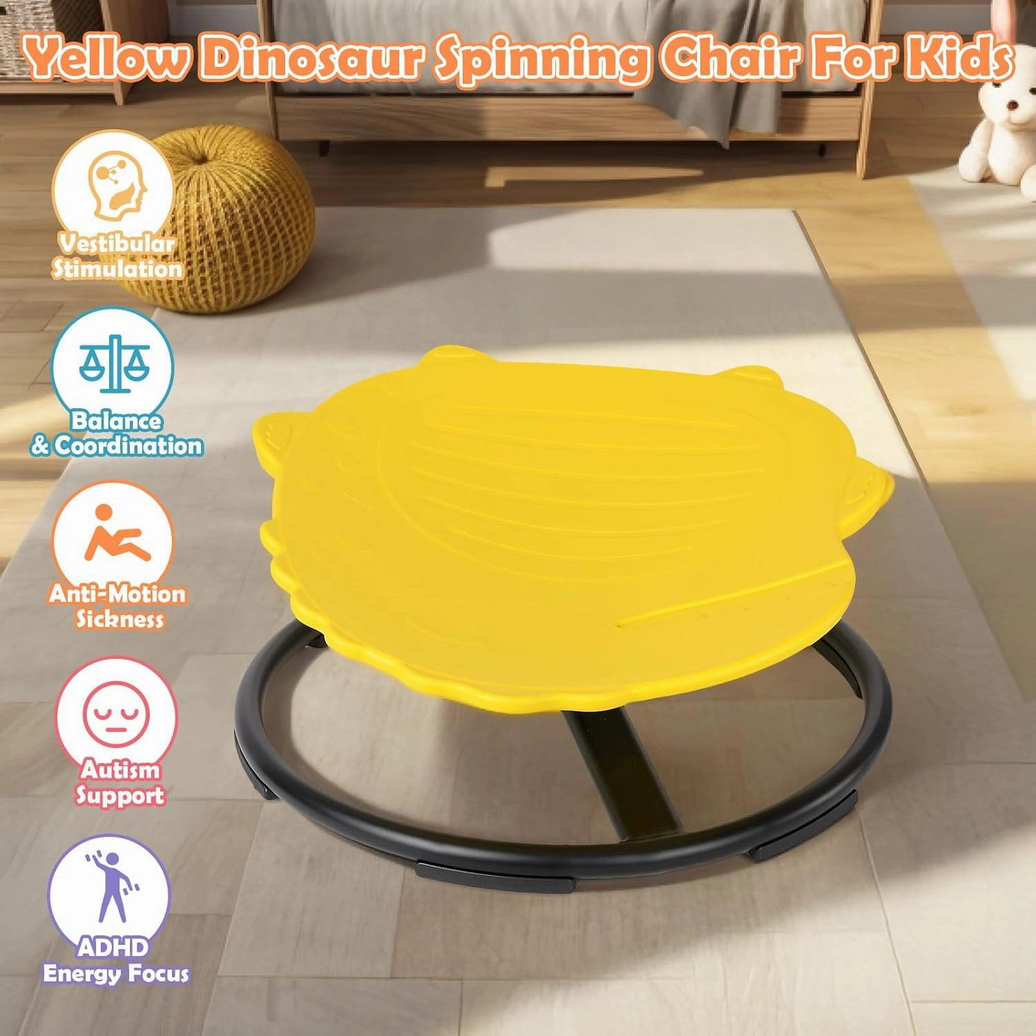 Spinning Chair for Kids, Sensory Integration Training Swivel Chair for Children with Autism & ADHD, for Balance & Body Coordination Training, Yellow Dinosaur