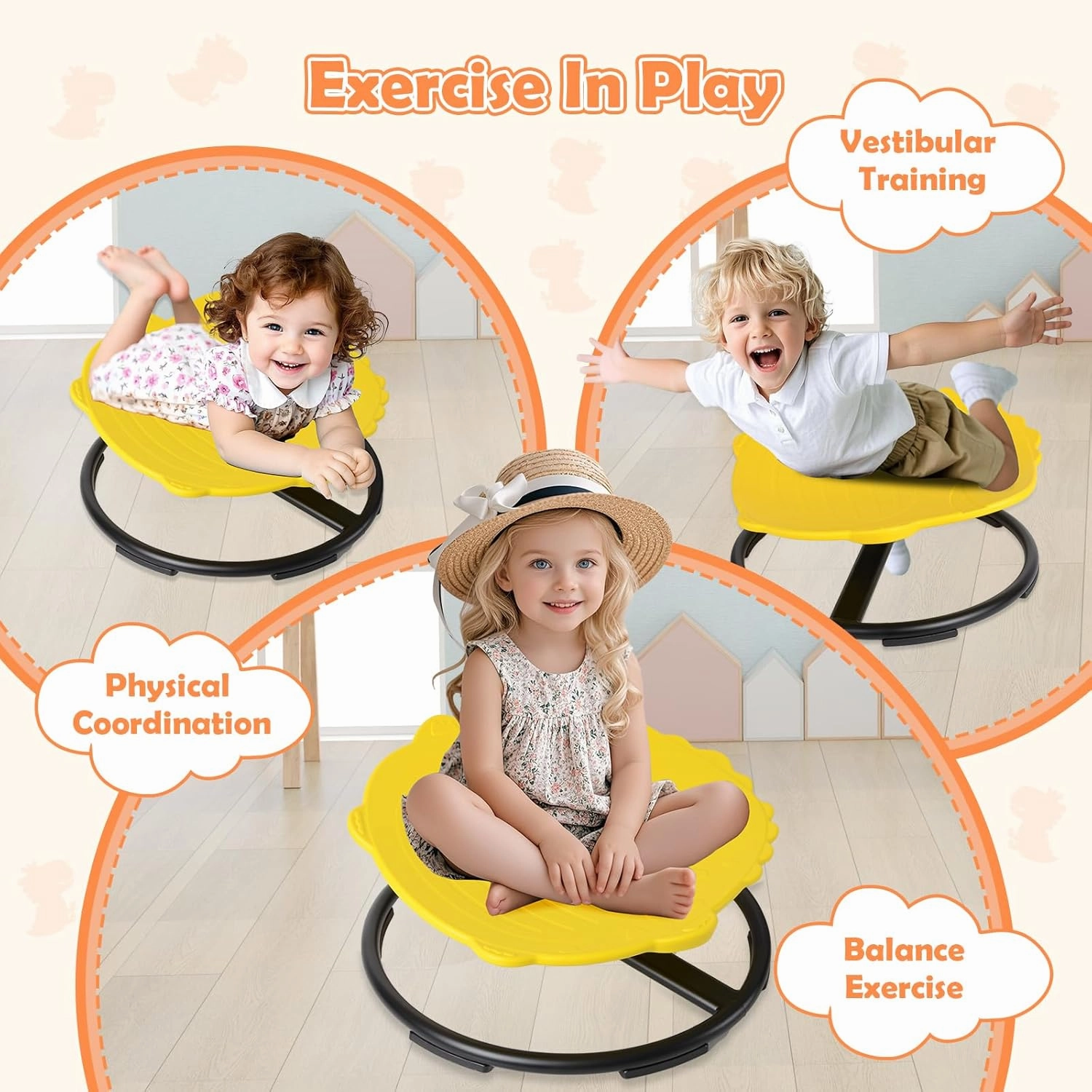 Spinning Chair for Kids, Sensory Integration Training Swivel Chair for Children with Autism & ADHD, for Balance & Body Coordination Training, Yellow Dinosaur