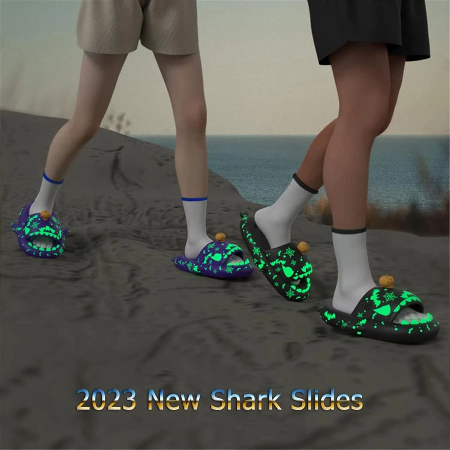 Spooky Shark Slides Glow In The Dark, Cloud Shark Slides Adult 3D Cartoon Christmas Shark Slippers for Men Women