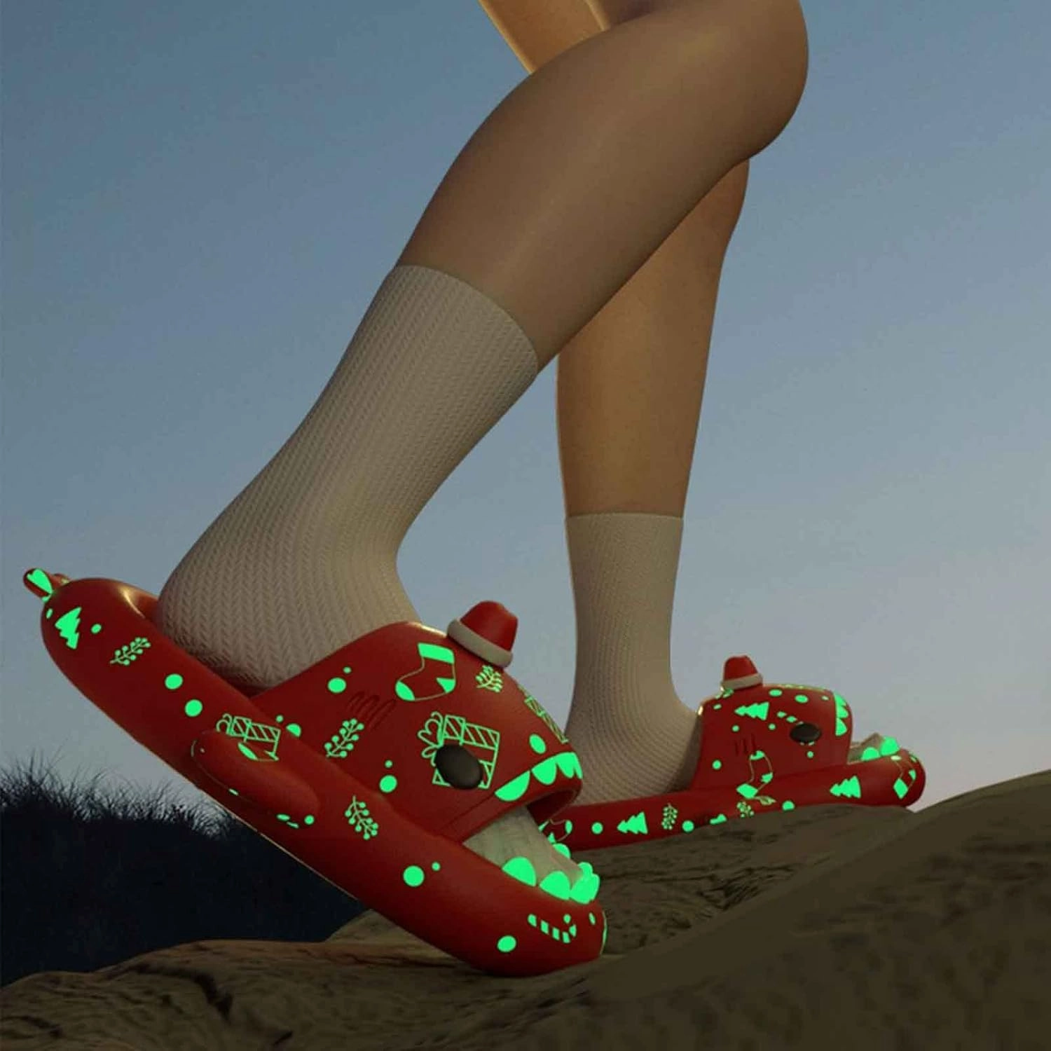 Spooky Shark Slides Glow In The Dark For Men Women, Halloween Christmas Shark Slippers, 3D Cartoon Cloudy Shark Slippers
