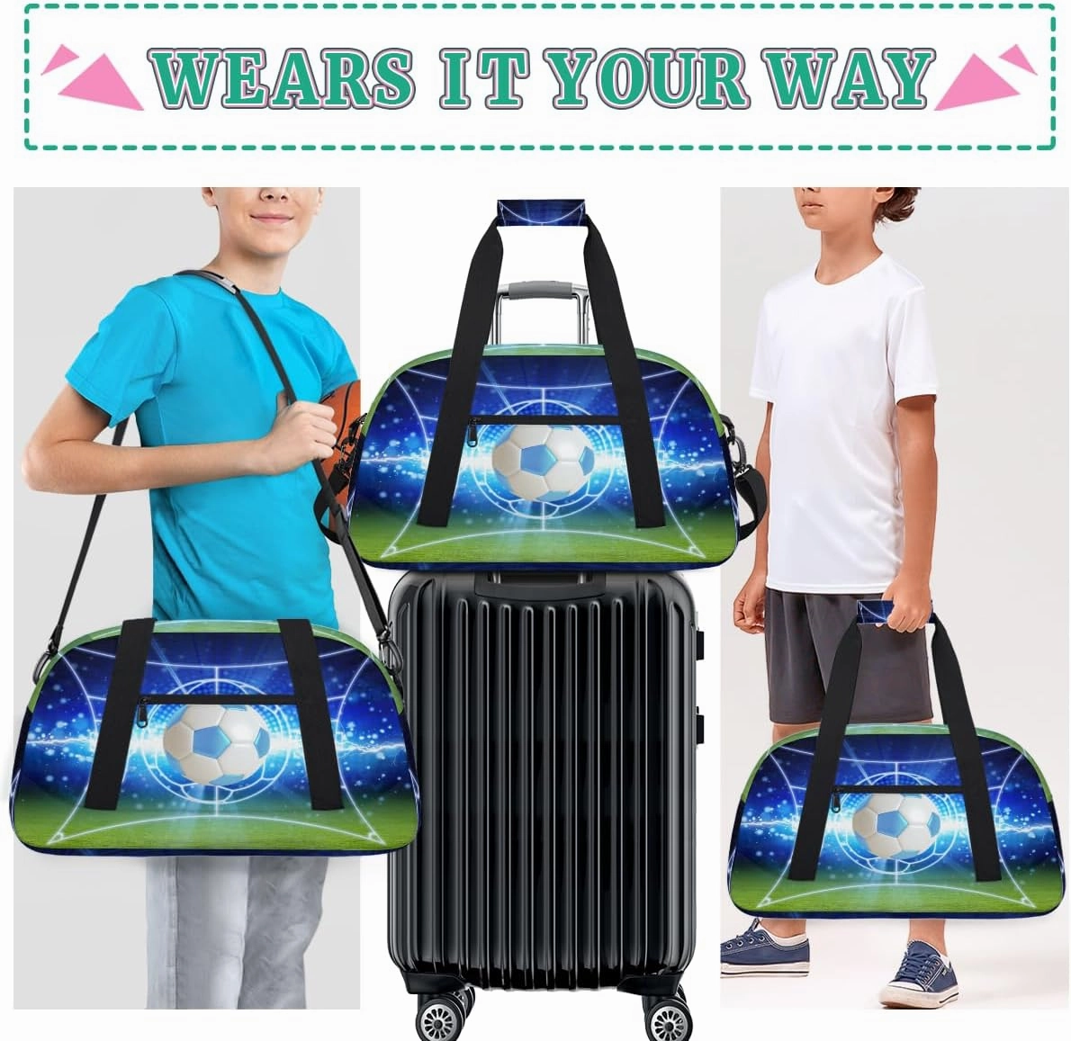 Sport Ball Football Kids Overnighter Duffel Bags for Boys, Carry-On Size Sports Gym Bag with Front Zipper Pocket for School Practice or Overnight Travel Weekender Sleepover Tote Bag