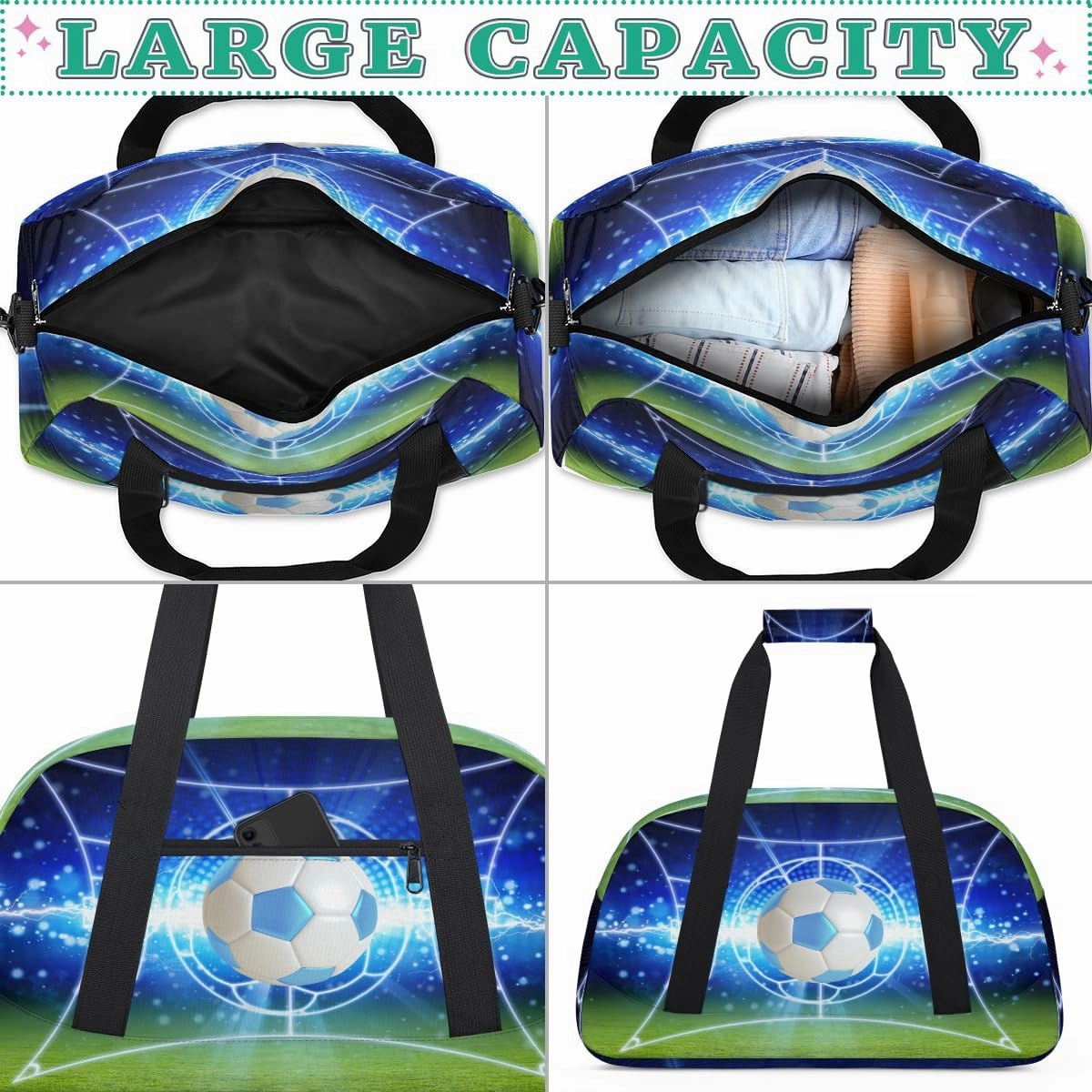 Sport Ball Football Kids Overnighter Duffel Bags for Boys, Carry-On Size Sports Gym Bag with Front Zipper Pocket for School Practice or Overnight Travel Weekender Sleepover Tote Bag