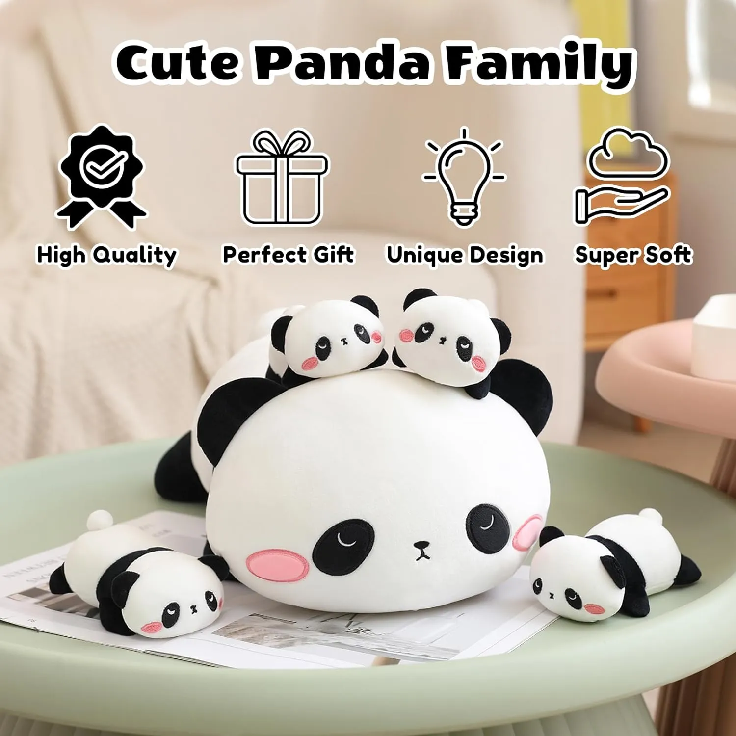 SQEQE Panda Stuffed Animals with Babies Inside Belly - 1 Mommy Stuffed Panda with 4 Cute Babies Plushie Gifts Ideal for Kids and Adults
