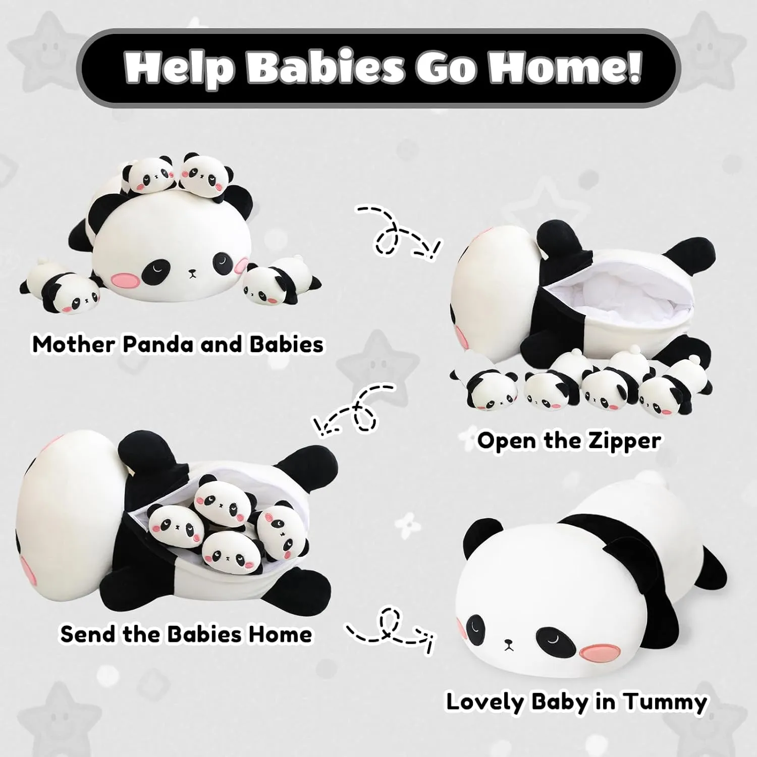 SQEQE Panda Stuffed Animals with Babies Inside Belly - 1 Mommy Stuffed Panda with 4 Cute Babies Plushie Gifts Ideal for Kids and Adults