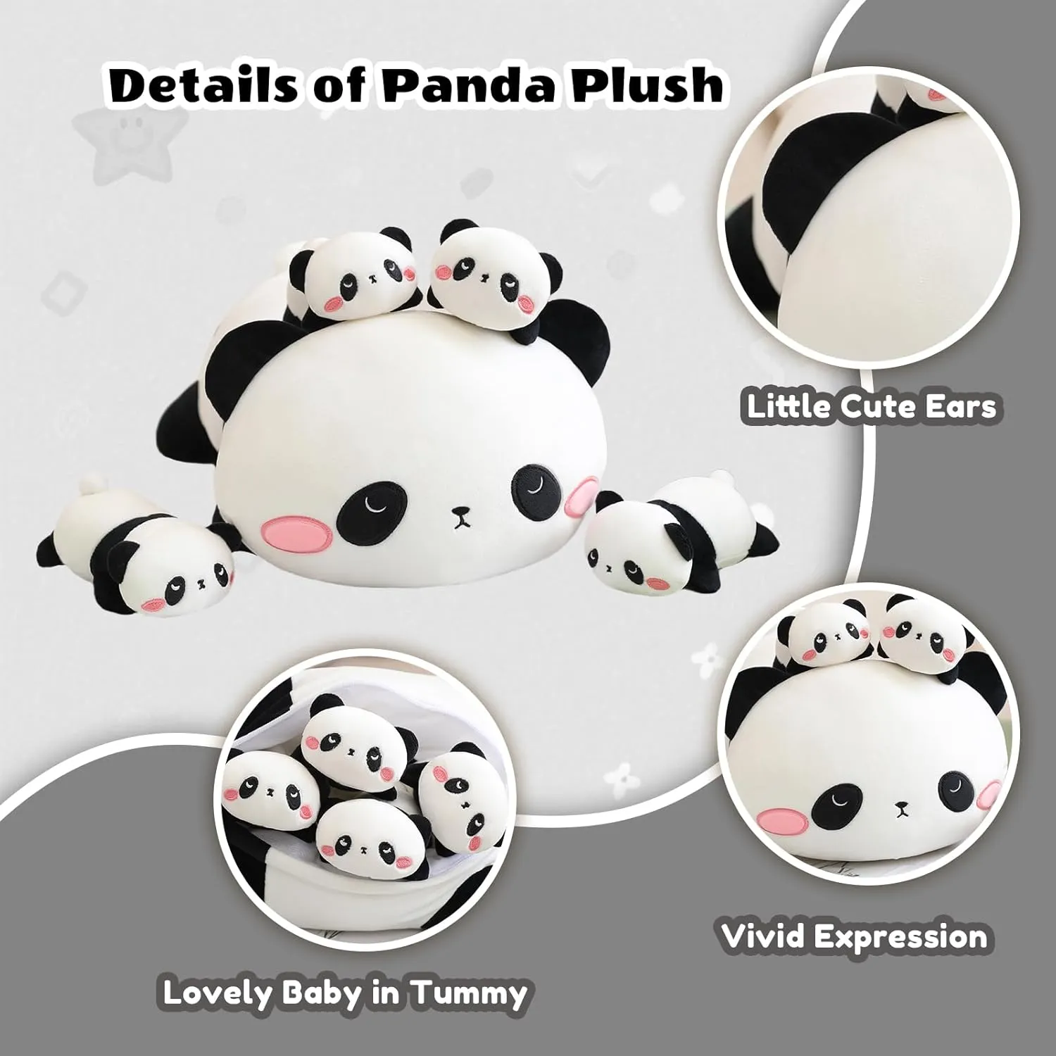 SQEQE Panda Stuffed Animals with Babies Inside Belly - 1 Mommy Stuffed Panda with 4 Cute Babies Plushie Gifts Ideal for Kids and Adults