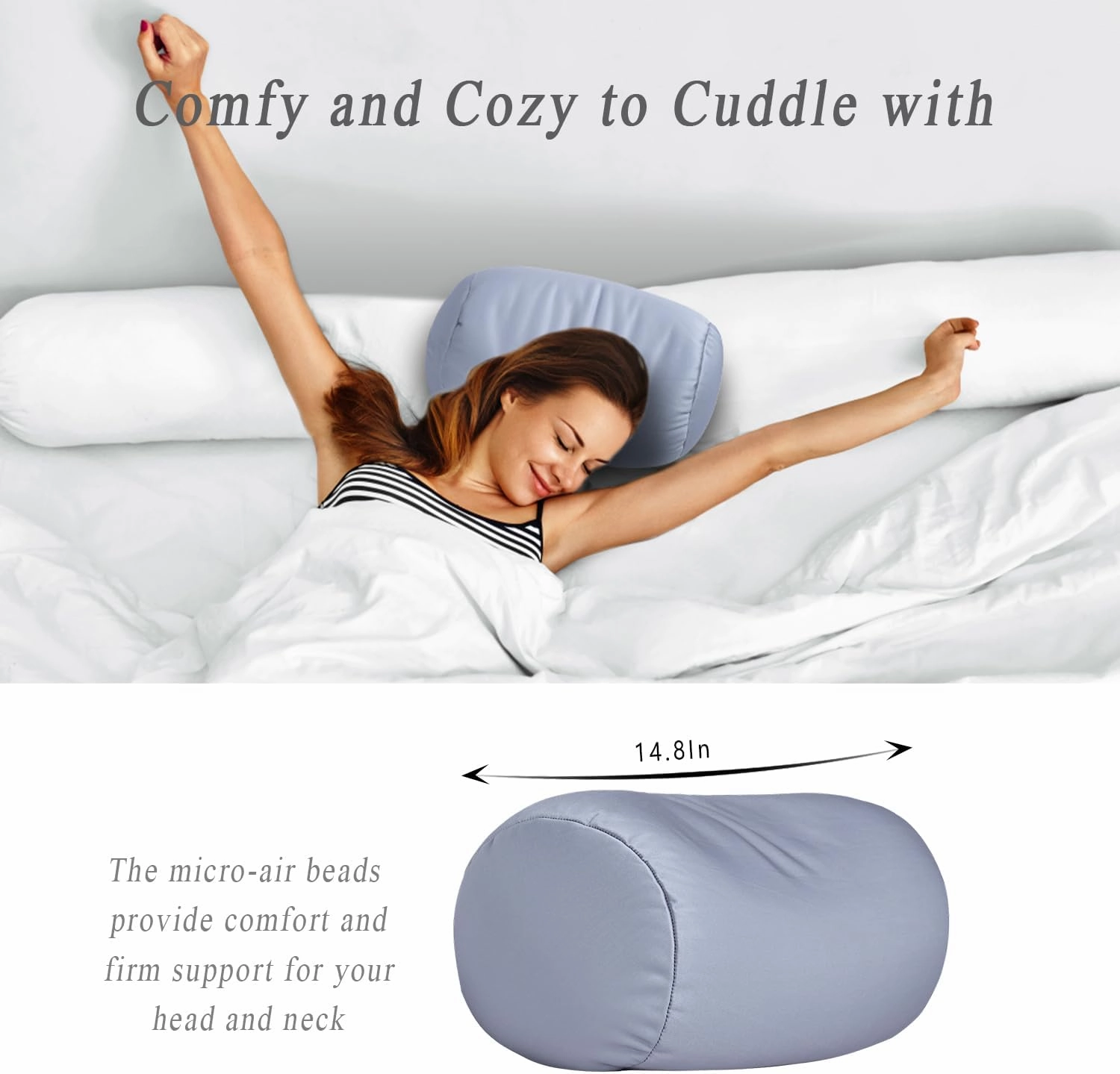 Squishy Neck Pillow, 7Inch x 12Inch Soft Travel Body Bed Pillow Bean Pillow for Kids Adult Chair Sleeping Car Seat, Fun Dormroom (Gray)