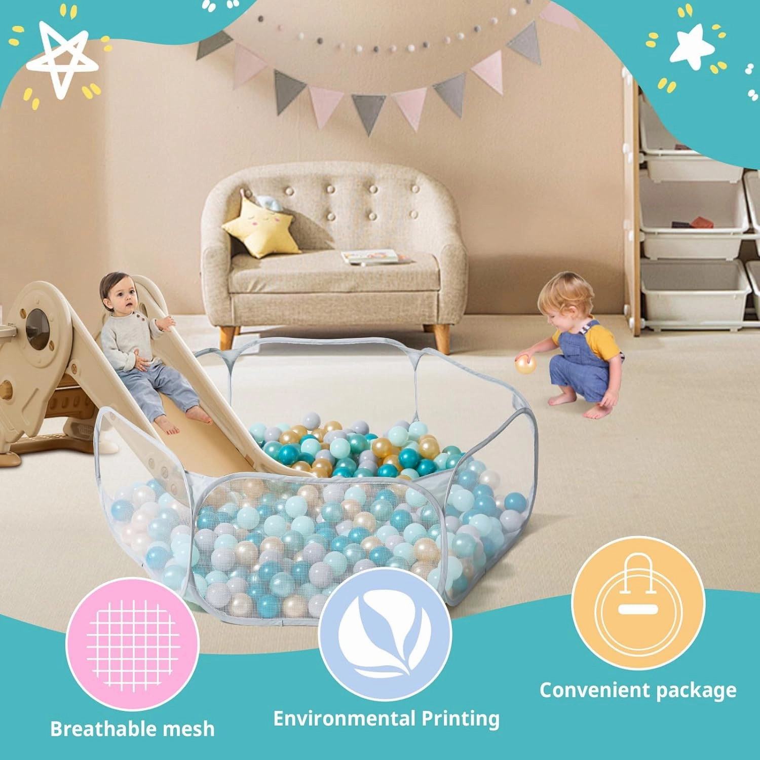 STARBOLO Gray Kids Ball Pit, Children Toy Ball Play Pool Foldable Play Tent for Kids Girls Boys Indoor and Outdoor, Balls Not Included.