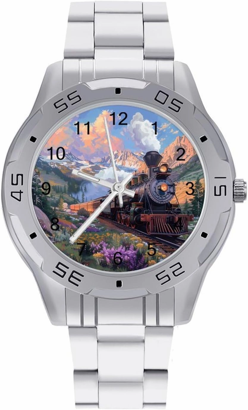 Steam Engine Train Simple Stainless Steel Band Business Watch Dress Wrist Unique Luxury Work Casual Waterproof Watches