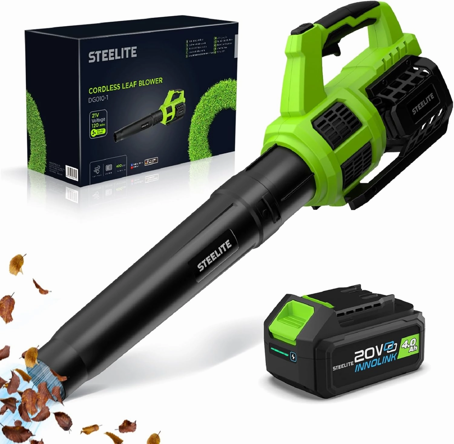STEELITE Leaf Blower 21V, Electric Leaf Blower Cordless with 4.0Ah Battery and Charger, Powerful Battery Blower for Lawn Care, Patio Cleaning and Dust