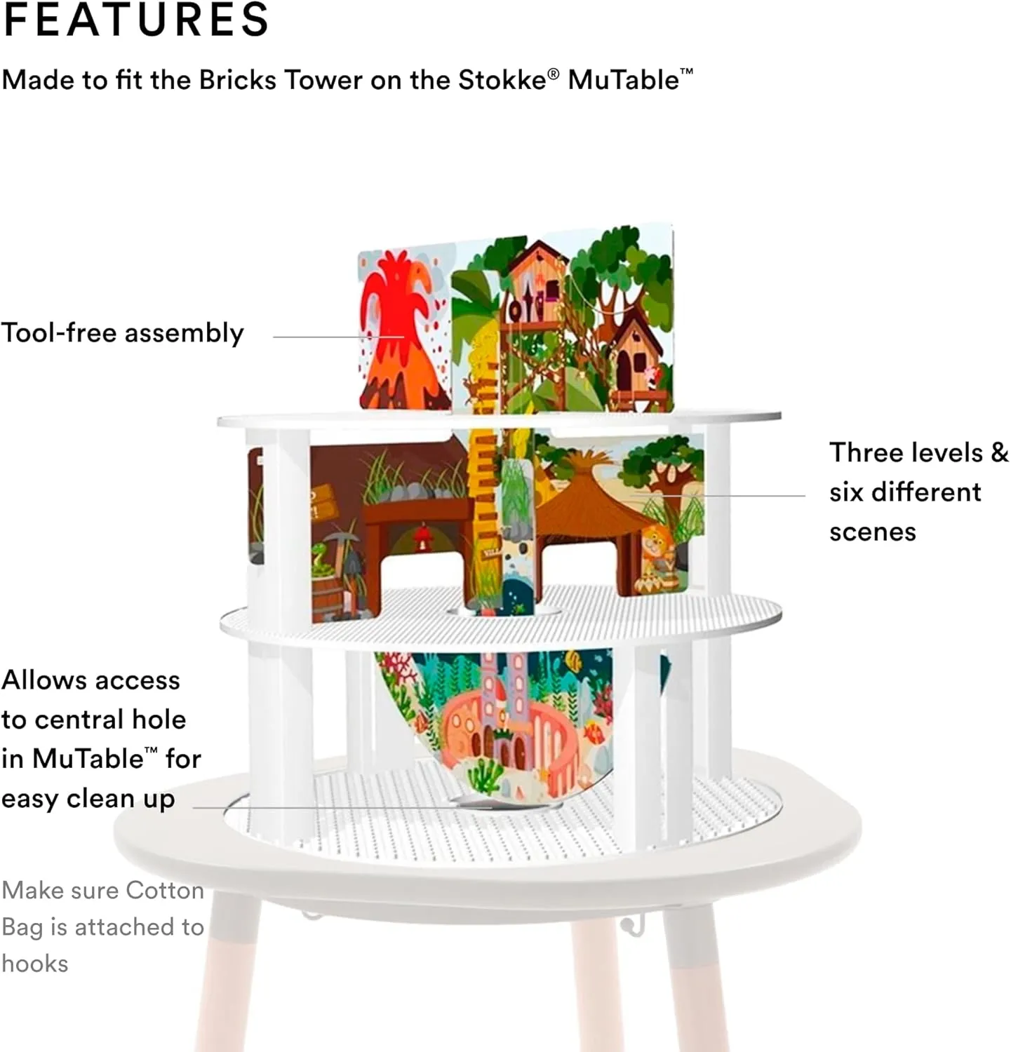 Stokke MuTable Bricks Tower Scenario, Nature - Three Levels & Six Natural Landscape Scenes Including Mountains, Trees & a River - Tool-Free Assembly - for Ages 3 