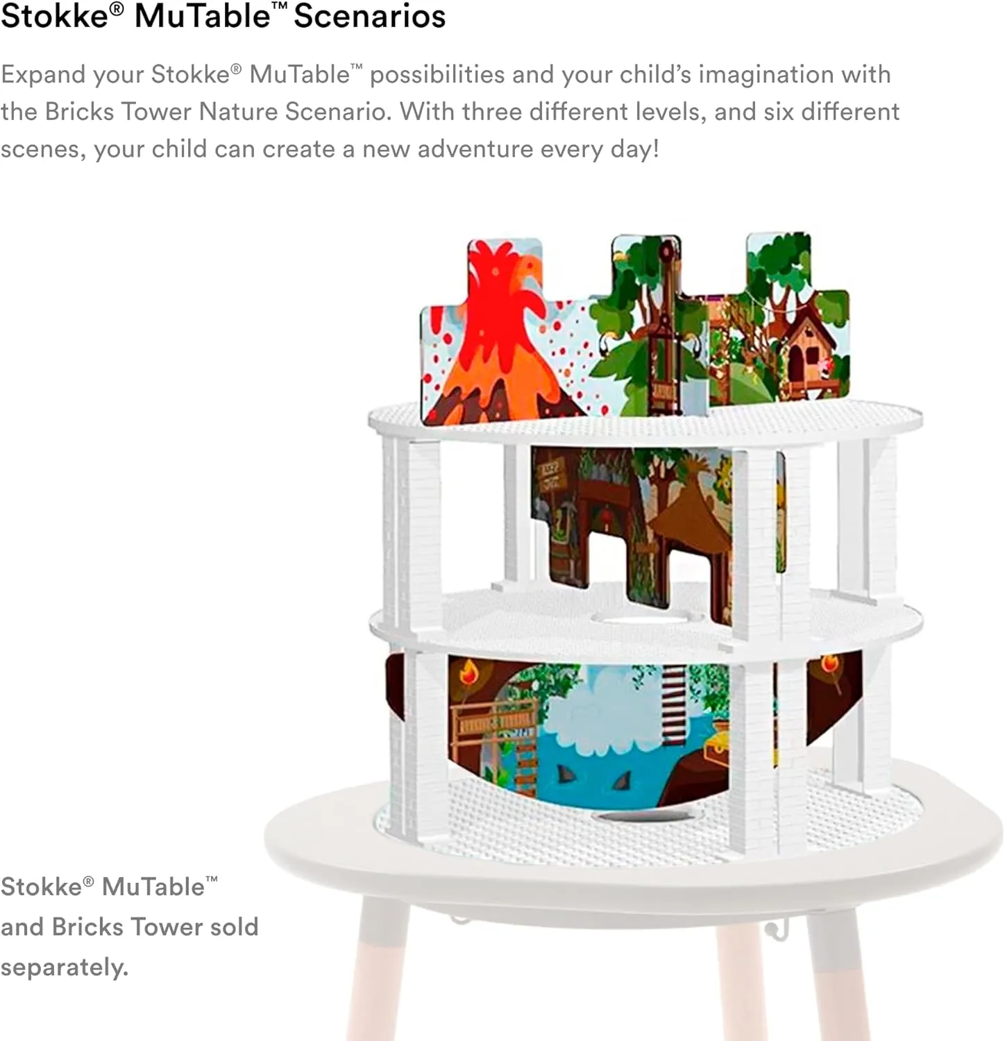 Stokke MuTable Bricks Tower Scenario, Nature - Three Levels & Six Natural Landscape Scenes Including Mountains, Trees & a River - Tool-Free Assembly - for Ages 3 