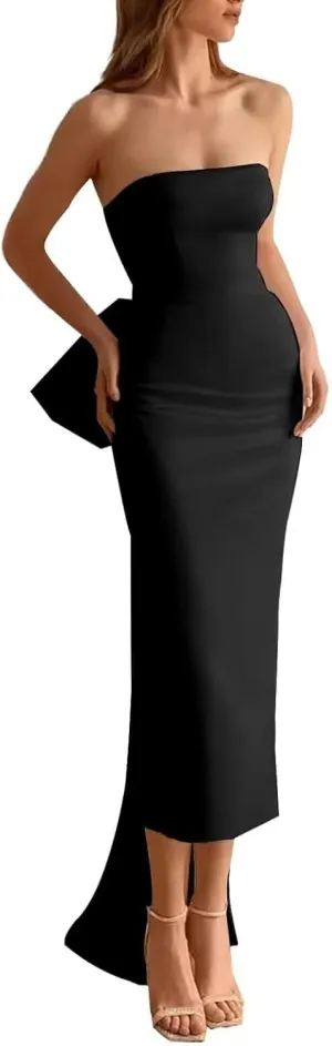 Strapless Mermaid Prom Dress with Detachable Bow Train Satin Cocktail Dresses Slit Formal Evening Gown for Women