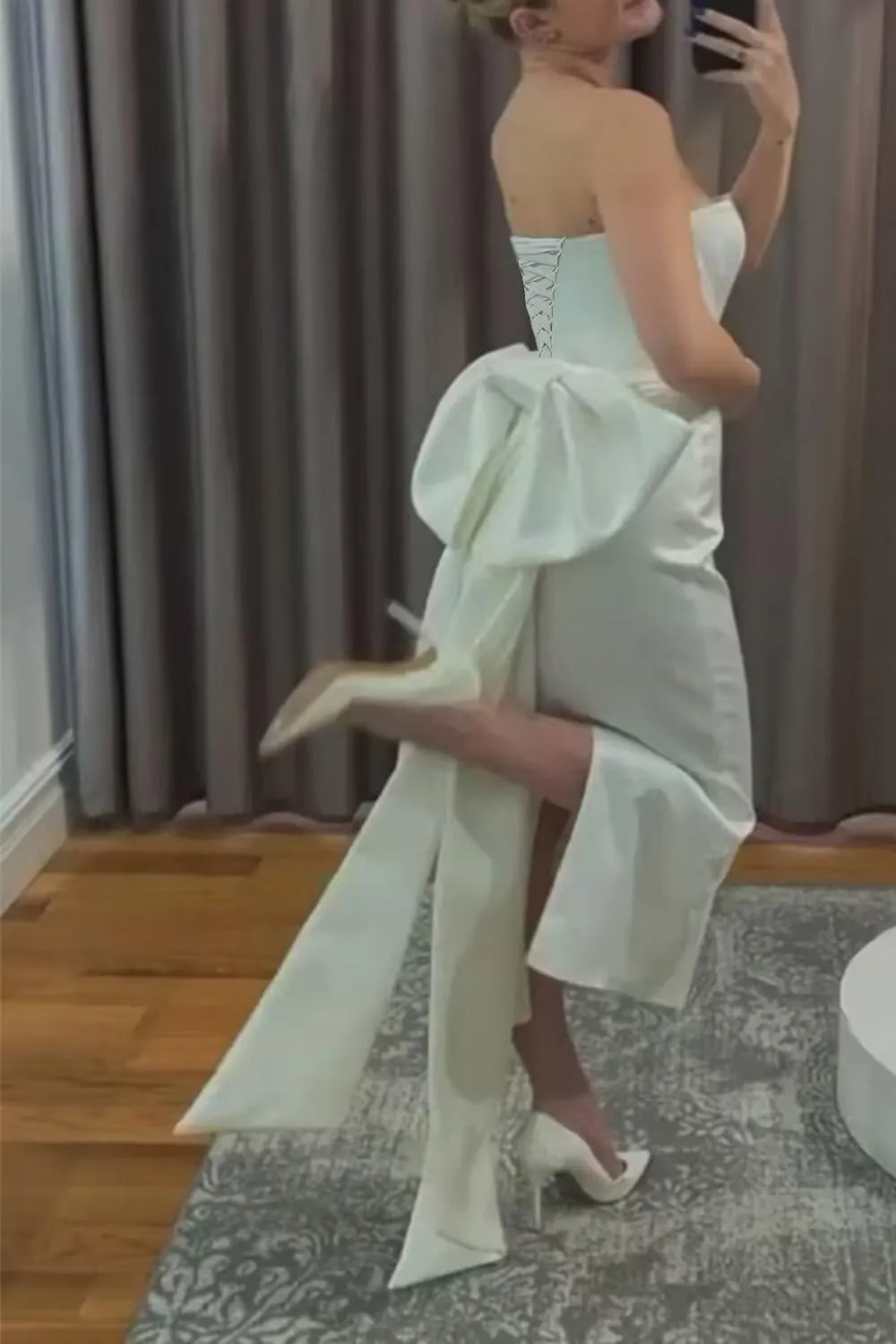 Strapless Mermaid Prom Dress with Detachable Bow Train Satin Cocktail Dresses Slit Formal Evening Gown for Women