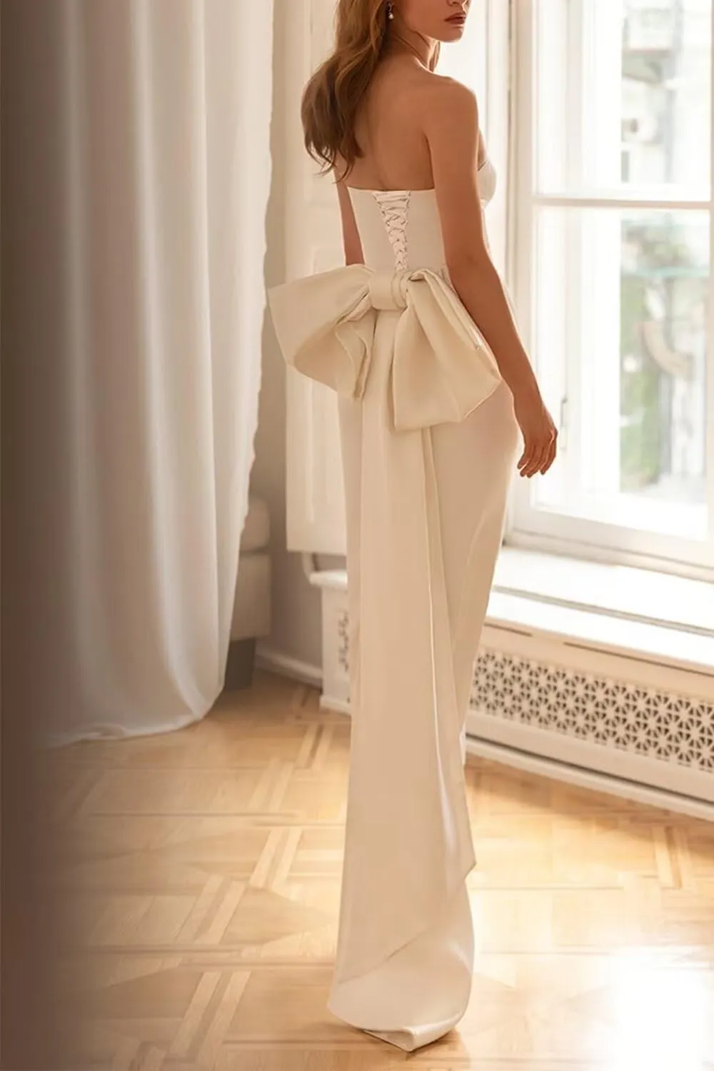 Strapless Mermaid Prom Dress with Detachable Bow Train Satin Cocktail Dresses Slit Formal Evening Gown for Women