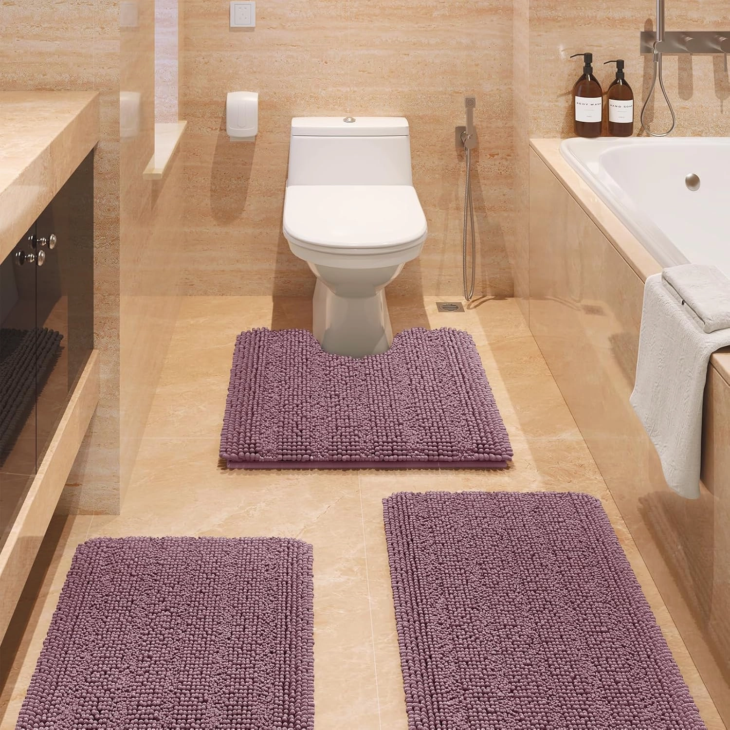Striped Mauve Bathroom Rug Set 3 Pieces Ultra Soft, Non Slip Chenille Bath Carpet, Absorbent Plush Shaggy Bath Mats for Bathroom, Toilet, Bedroom, Kitchen
