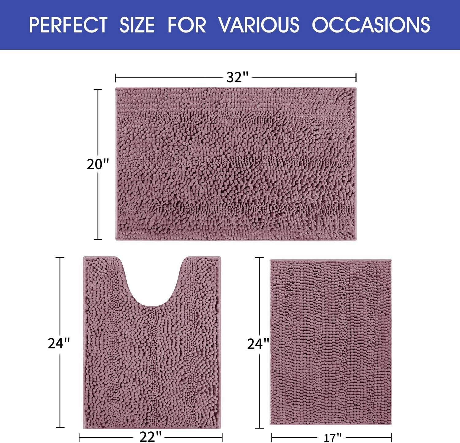 Striped Mauve Bathroom Rug Set 3 Pieces Ultra Soft, Non Slip Chenille Bath Carpet, Absorbent Plush Shaggy Bath Mats for Bathroom, Toilet, Bedroom, Kitchen