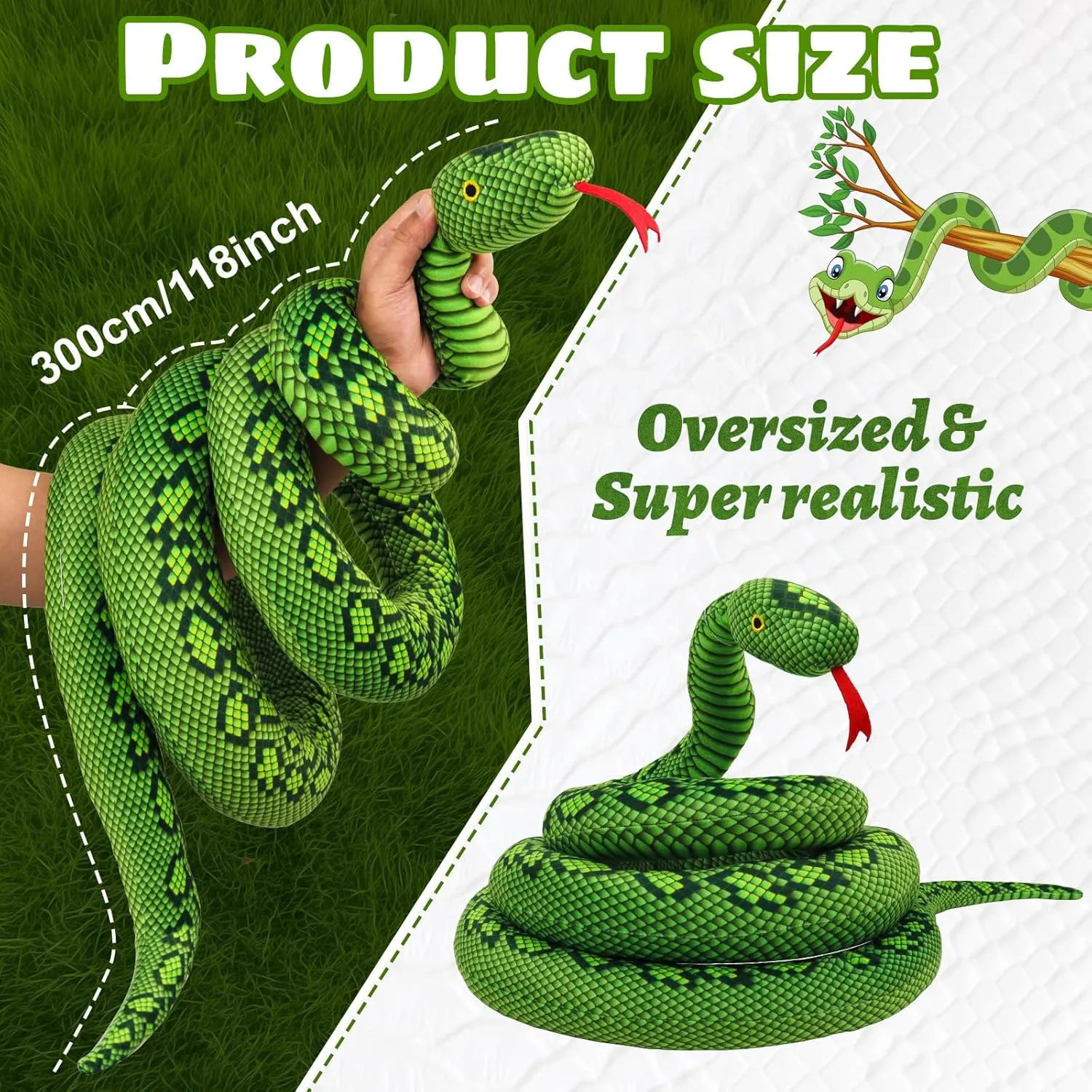 Stuffed Snake 118inch/300cm Fake Snake Giant Snake Stuffed Animal Large Snake Animal Plush Toy Christmas Birthday Gifts for Boys Girls Kids Realistic Stuffed Animal Snake Green