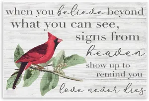 Stupell Industries Believe Love Never Dies Inspirational Cardinal Bird Word Design Wall Plaque Art Design By Artist Daphne Polselli, 10 x 15