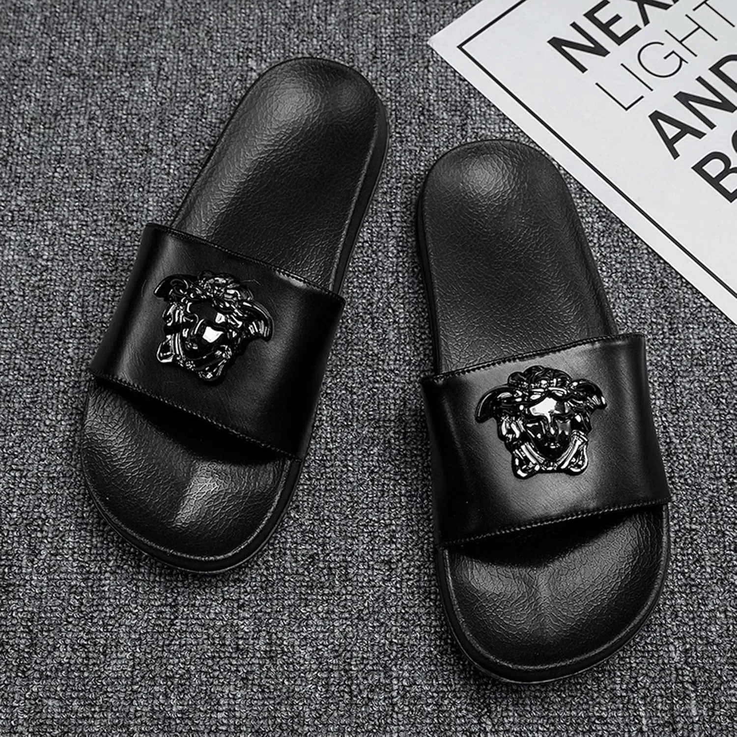 Summer Fashionable Men's Slippers Home Breathable Relaxed Soft Comfortable Anti slip Durable Solid color one word slippers