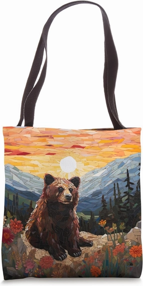 Sunset Mosaic Bear Wildlife Mountain Flowers Landscape Art Tote Bag