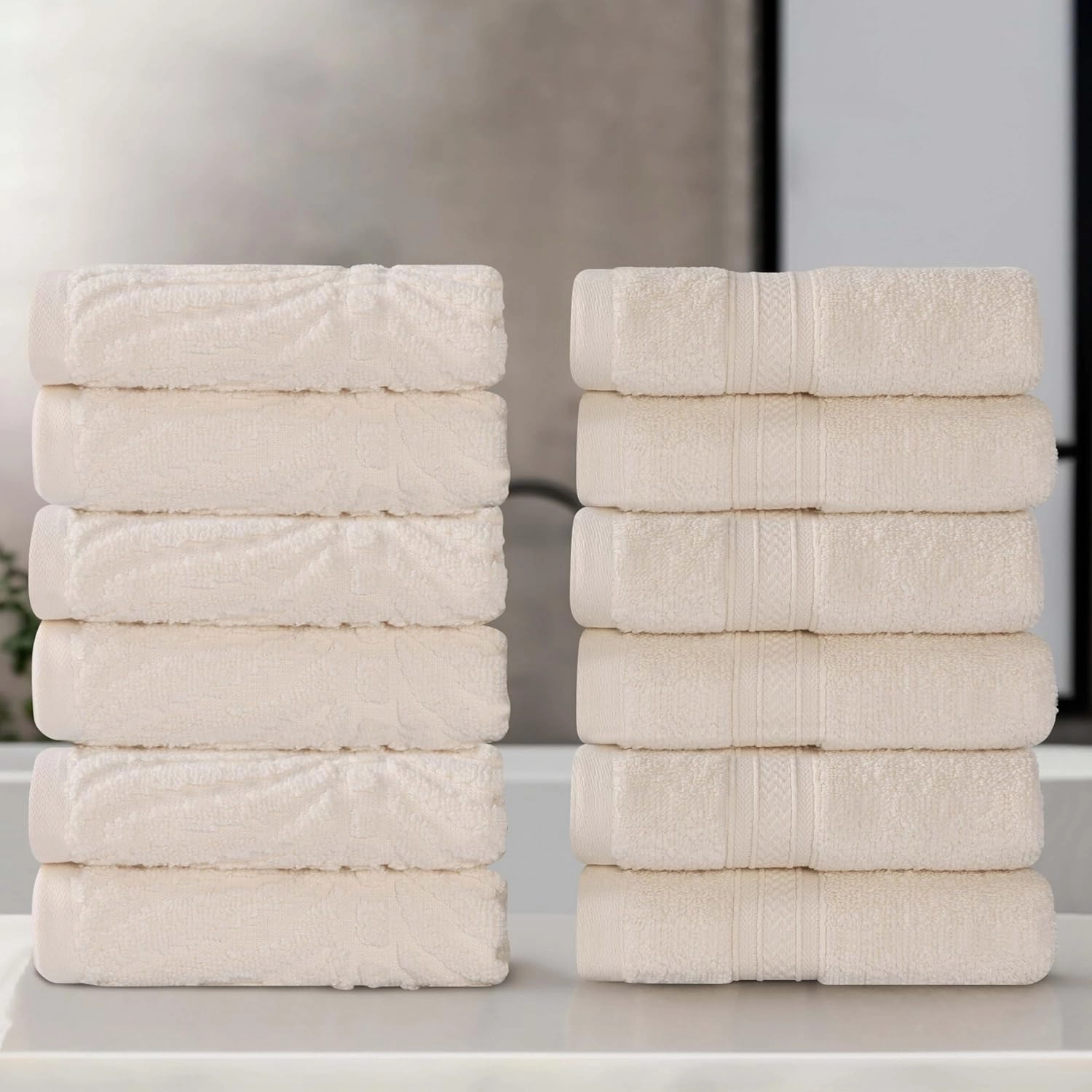 Superior Cotton Chevron Face Towel/Washcloth Set, Zero Twist, Quick Dry, Small Facial Towels, Spa, Hotel, Guest, Home, Bathroom Basics, Absorbent, Luxury Quick Drying, Assorted Set of 12, Ivory