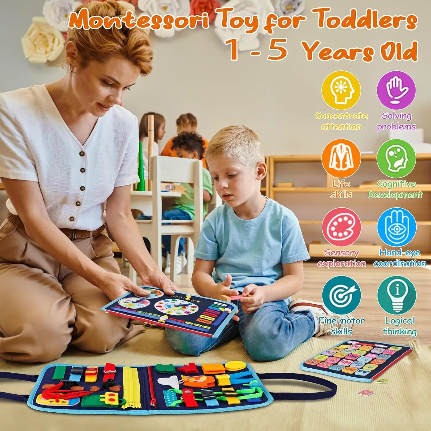 Supplim Busy Board Montessori Toy for Toddlers 1 2 3 4 5 Years Old - Educational Activity Sensory Board Preschool Learning Fine Motor Skills Toys, Toddler Travel Toy for Plane Car, Gift for Boys Girls