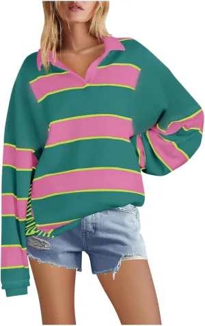 Sweatshirt For Womens Fashion Long Sleeve Striped Hoodies Collar Oversized Pullover Tops Fall outfits