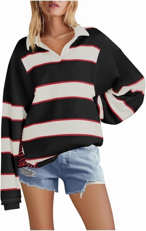 Sweatshirt For Womens Fashion Long Sleeve Striped Hoodies Collar Oversized Pullover Tops Fall outfits