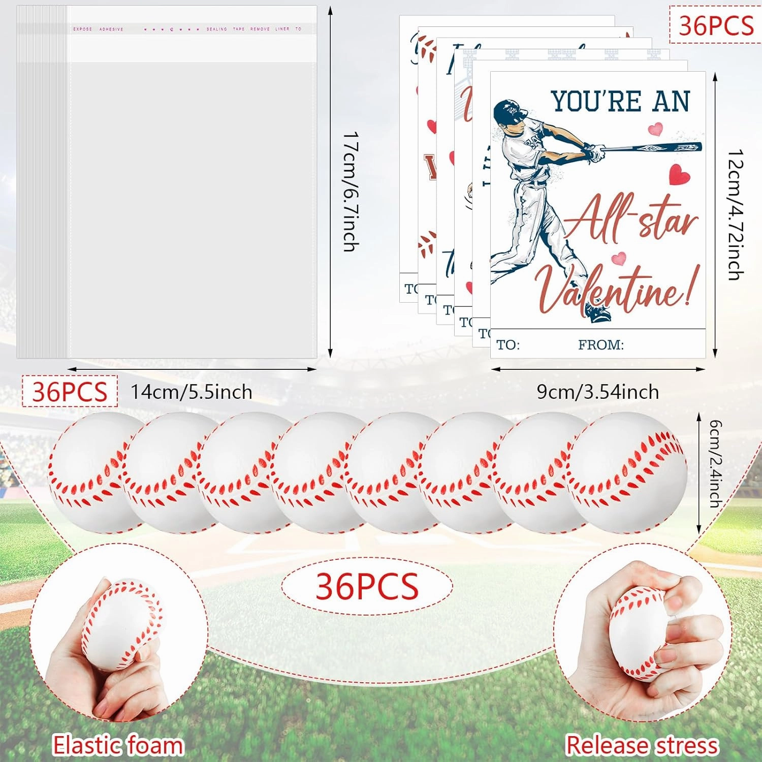 Syhood 36 Set Valentine‘s Day Baseball Card and Foam Stress Balls Valentine‘s Day Exchange Gift Sports Themed Events Party Prizes Favor Supplies