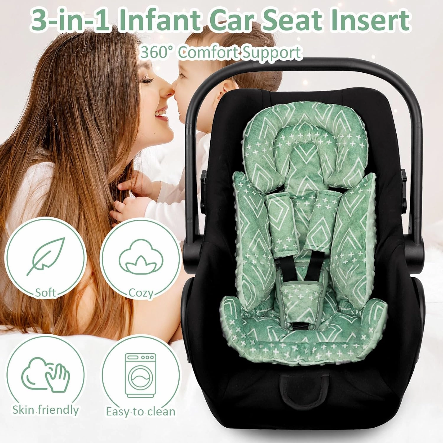 TANOFAR Car Seat Head Support Baby - Infant Car Seat Insert for Newborn Girls Boys - Soft Carseat Head Support for Infant - Newborn Carseat Insert for Car Seats, Strollers, Swings, Bouncer (Green)
