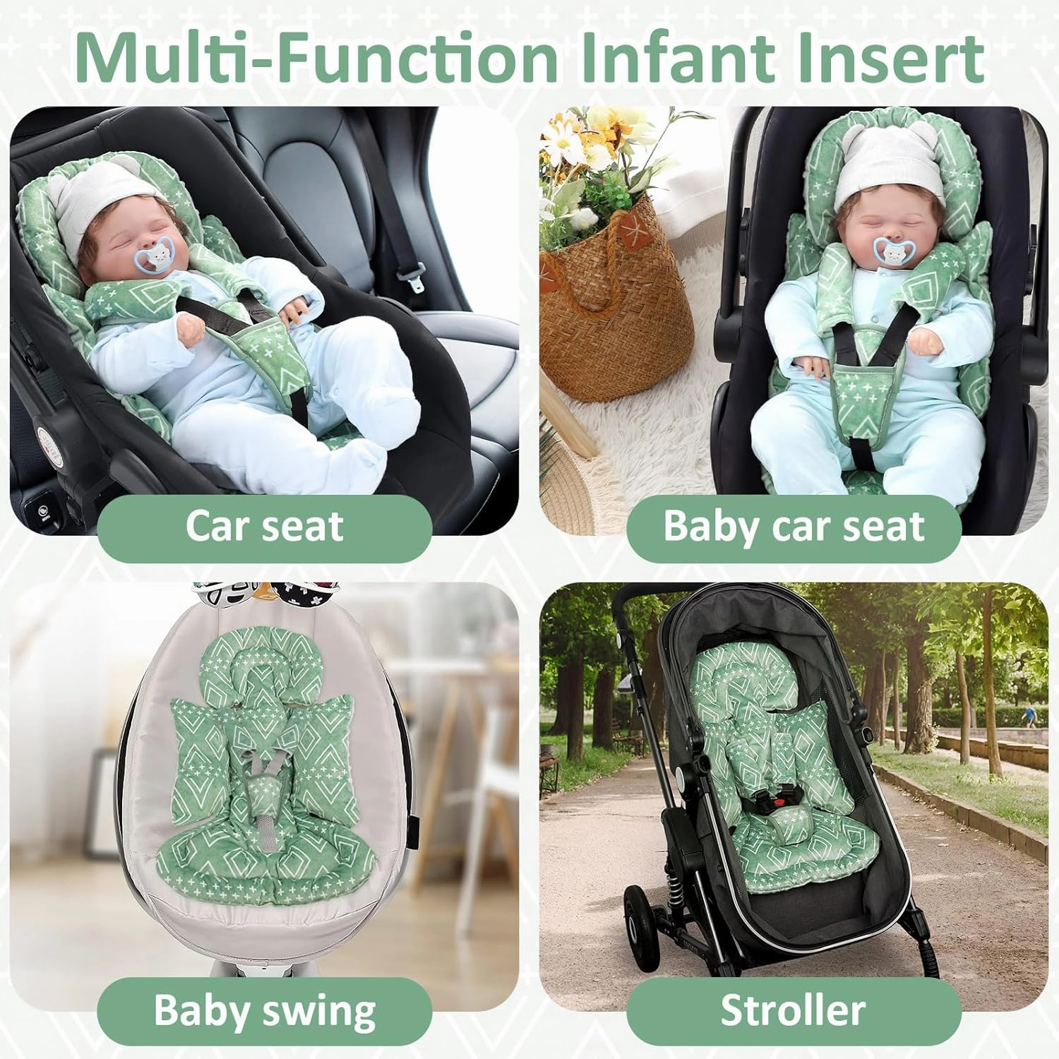 TANOFAR Car Seat Head Support Baby - Infant Car Seat Insert for Newborn Girls Boys - Soft Carseat Head Support for Infant - Newborn Carseat Insert for Car Seats, Strollers, Swings, Bouncer (Green)