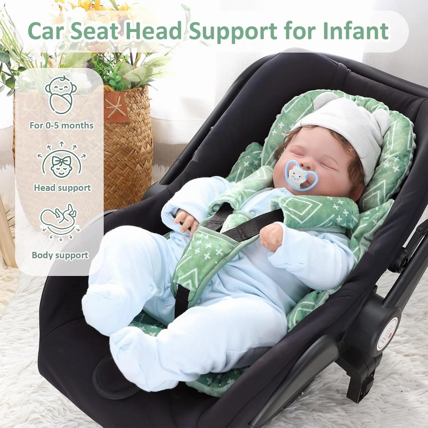 TANOFAR Car Seat Head Support Baby - Infant Car Seat Insert for Newborn Girls Boys - Soft Carseat Head Support for Infant - Newborn Carseat Insert for Car Seats, Strollers, Swings, Bouncer (Green)