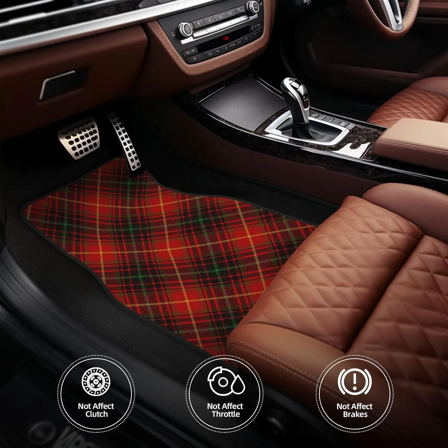 Tartan-Red-Green-Gold-and-Black-Color-Plaid-S-Trend Car Front and Rear Floor Mats, Anti Slip Car Mats, Complete Set of 4 Carpets, All Weather Protection