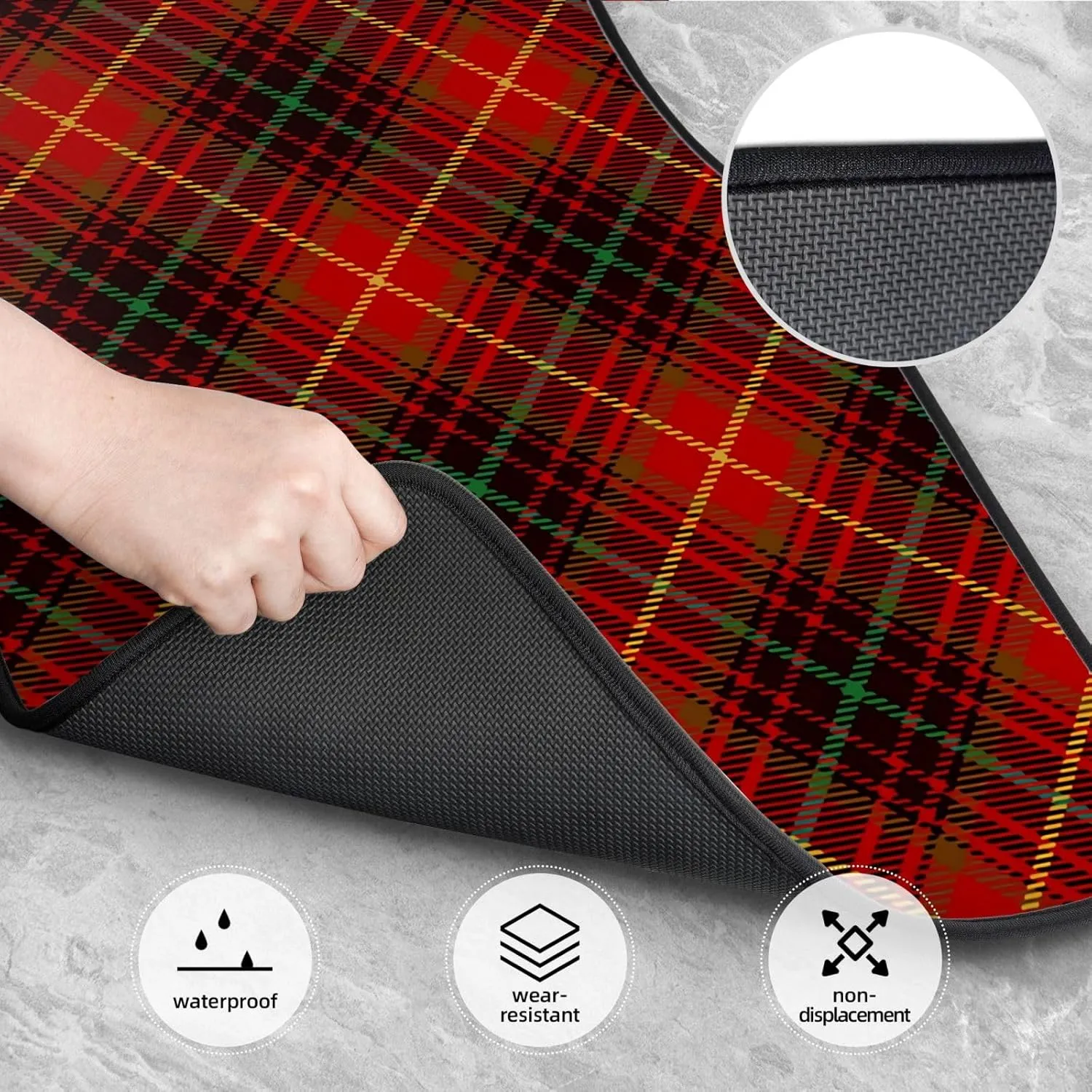 Tartan-Red-Green-Gold-and-Black-Color-Plaid-S-Trend Car Front and Rear Floor Mats, Anti Slip Car Mats, Complete Set of 4 Carpets, All Weather Protection