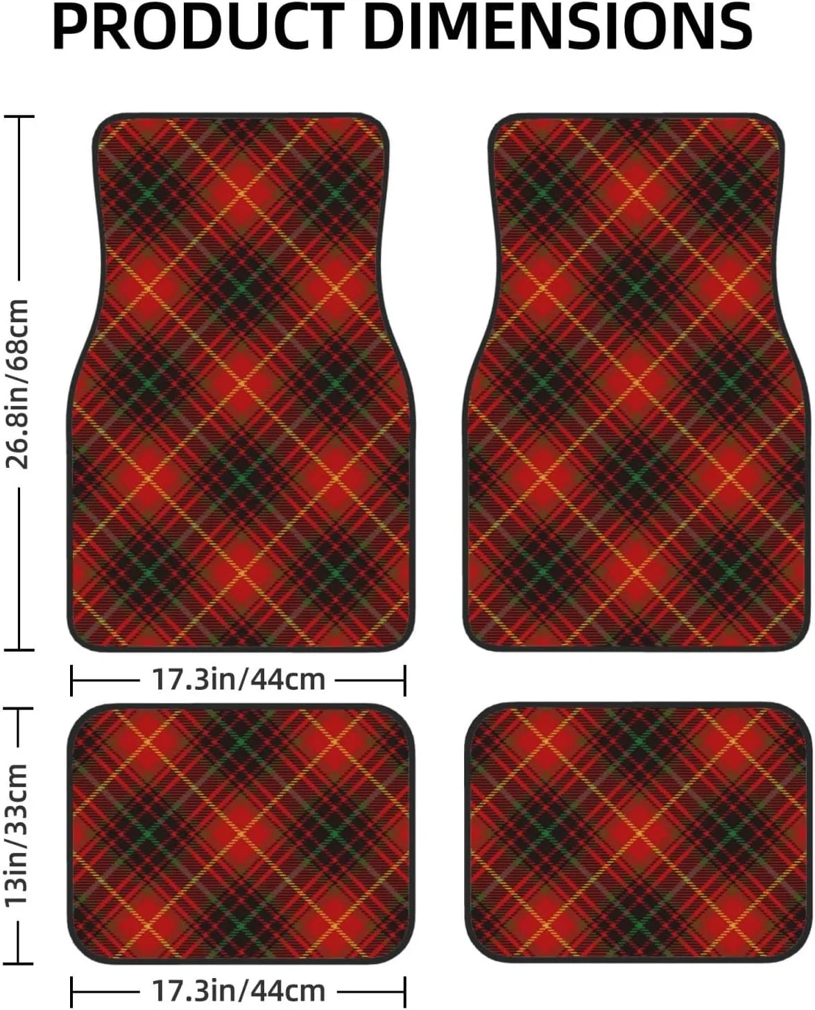 Tartan-Red-Green-Gold-and-Black-Color-Plaid-S-Trend Car Front and Rear Floor Mats, Anti Slip Car Mats, Complete Set of 4 Carpets, All Weather Protection