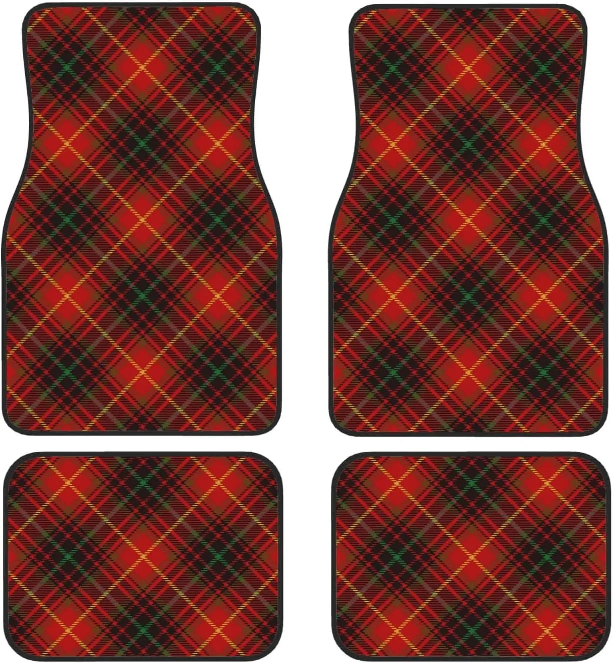 Tartan-Red-Green-Gold-and-Black-Color-Plaid-S-Trend Car Front and Rear Floor Mats, Anti Slip Car Mats, Complete Set of 4 Carpets, All Weather Protection