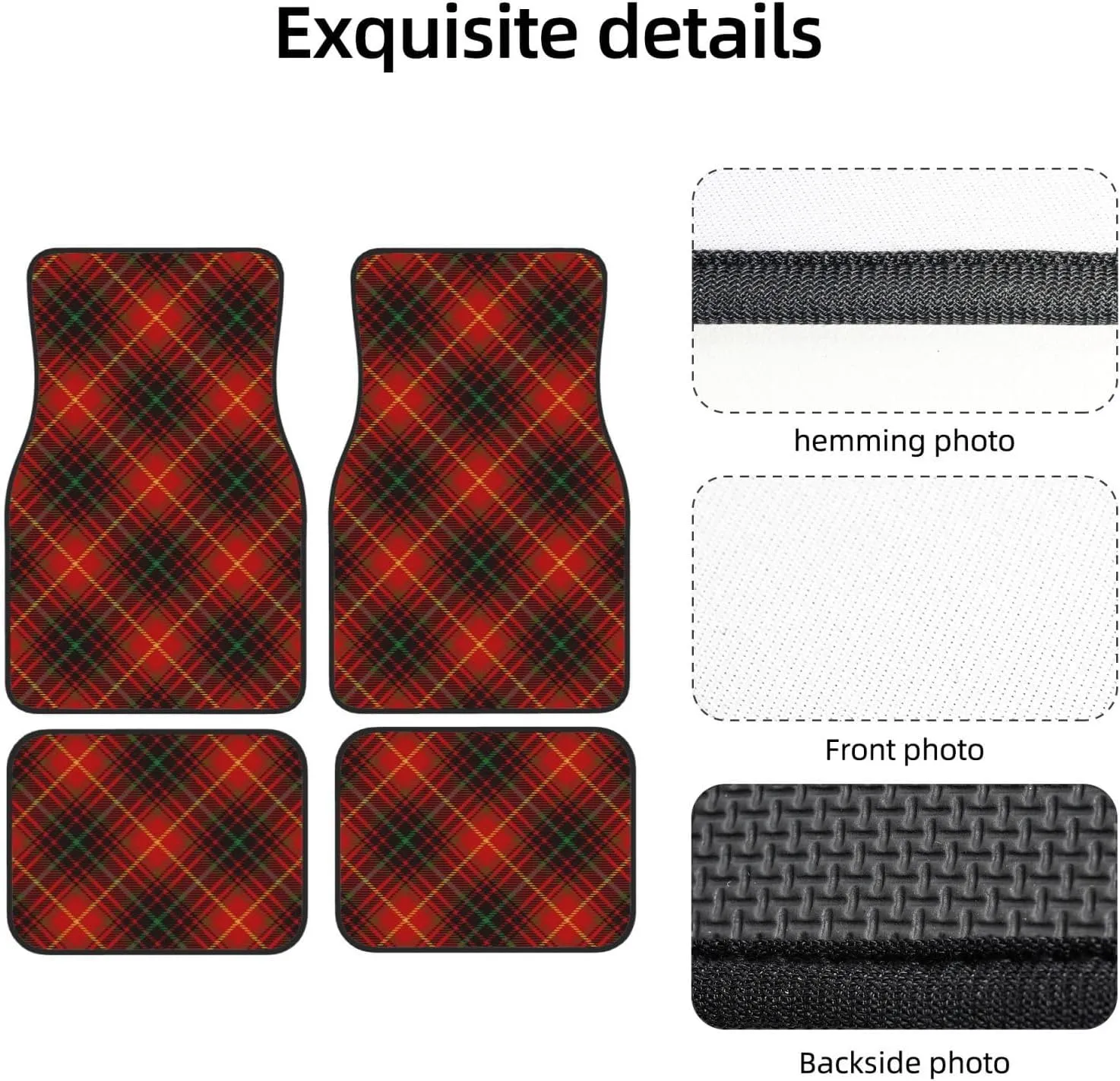 Tartan-Red-Green-Gold-and-Black-Color-Plaid-S-Trend Car Front and Rear Floor Mats, Anti Slip Car Mats, Complete Set of 4 Carpets, All Weather Protection