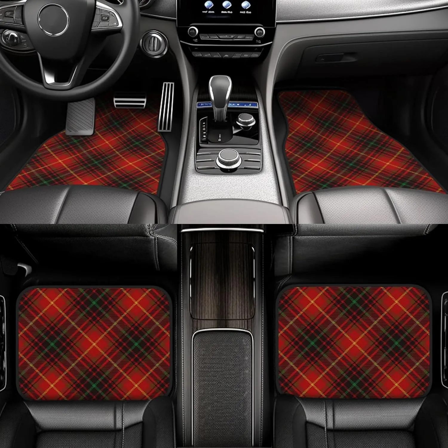 Tartan-Red-Green-Gold-and-Black-Color-Plaid-S-Trend Car Front and Rear Floor Mats, Anti Slip Car Mats, Complete Set of 4 Carpets, All Weather Protection