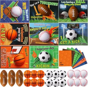 Tatuo 24 Pack Valentines Sports Cards With Stress Balls - Valentine's Day Gift Exchange Mini Bouncy Basketball Baseball Soccer Football Party Favors for Sports Theme Prize