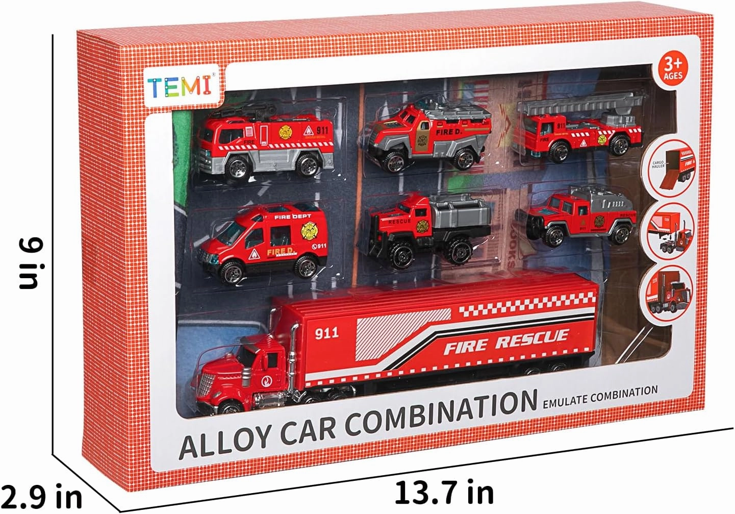 TEMI Diecast Emergency Fire Rescue Vehicle Toy Set w/Play Mat, Truck Carrier,Ambulance, Alloy Metal Fighting Car for 3 4 5 6 Years Old Toddlers Kids Boys and Girls