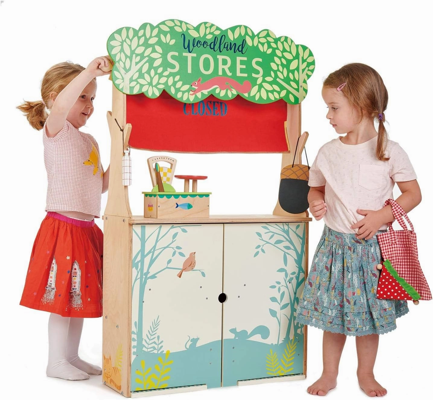 Tender Leaf Toys Woodland Store and Puppet Theater – 2 Sided Reversible Grocery Stand and Hand Puppeteer Stage - Social, Creative, and Imaginative Development – Expressive Role Play – Ages 3 Years  