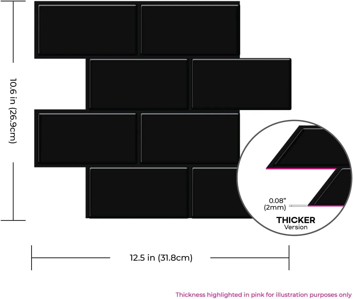 Tic Tac Tiles 10-Sheets Peel and Stick Tiles in Thicker Large Subway 10.6" x 12.5" Design (10, Black)
