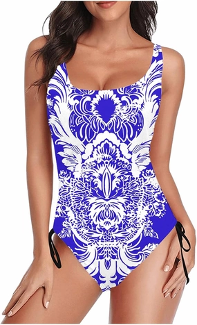 Tie-Dye Print One Piece Bathing Suits for Women Side Tie Adjustable Strap Slimming Swimwear High Cut Sexy Swimsuit