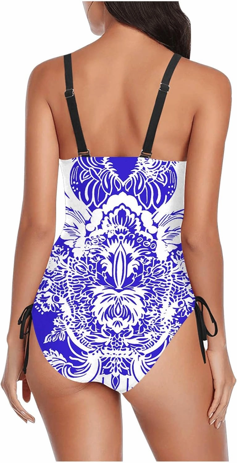 Tie-Dye Print One Piece Bathing Suits for Women Side Tie Adjustable Strap Slimming Swimwear High Cut Sexy Swimsuit