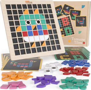 Tomaze Montessori Mosaic Tinker Tangram Set - Large Pixel Pattern Play Blocks, Wooden Grid Board, Educational STEM Puzzle for Learning Letters, Shapes - Safe & Easy To Grasp - Toy Gift for Kids Age 4 