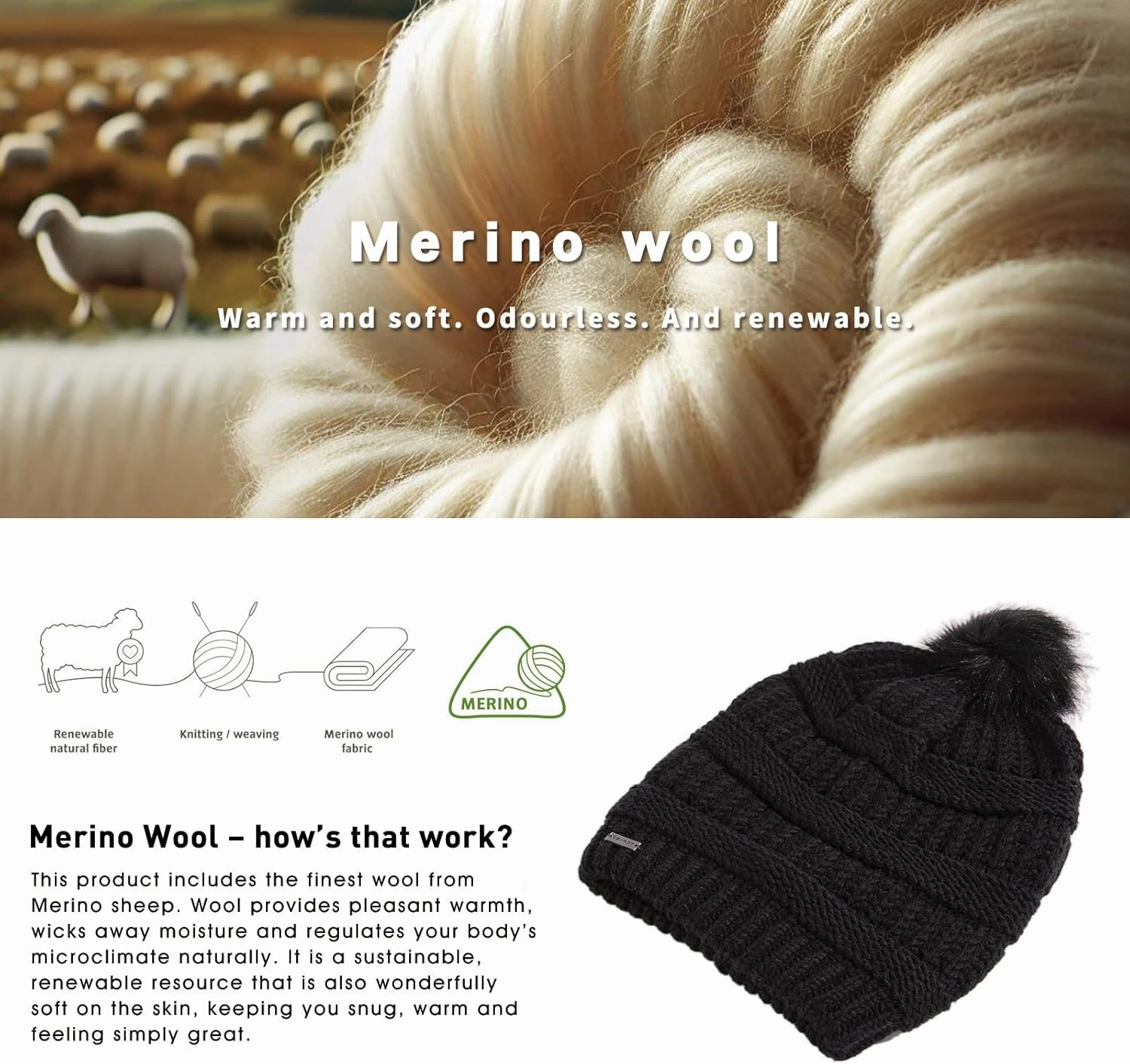 TOP-EX 100% Merino Wool Winter Slouchy Beanie for Women with Faux Fur Pom - Satin or Fleece Lined Hats for Cold Weather