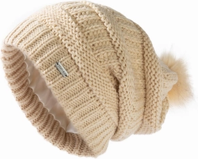 TOP-EX 100% Merino Wool Winter Slouchy Beanie for Women with Faux Fur Pom - Satin or Fleece Lined Hats for Cold Weather