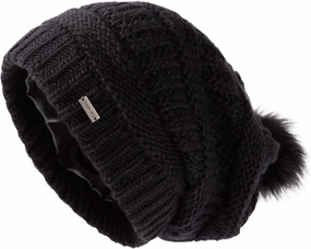 TOP-EX 100% Merino Wool Winter Slouchy Beanie for Women with Faux Fur Pom - Satin or Fleece Lined Hats for Cold Weather