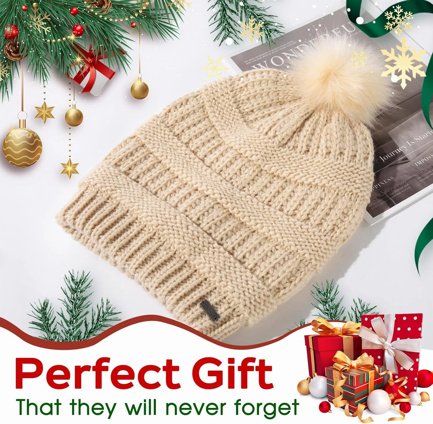 TOP-EX 100% Merino Wool Winter Slouchy Beanie for Women with Faux Fur Pom - Satin or Fleece Lined Hats for Cold Weather