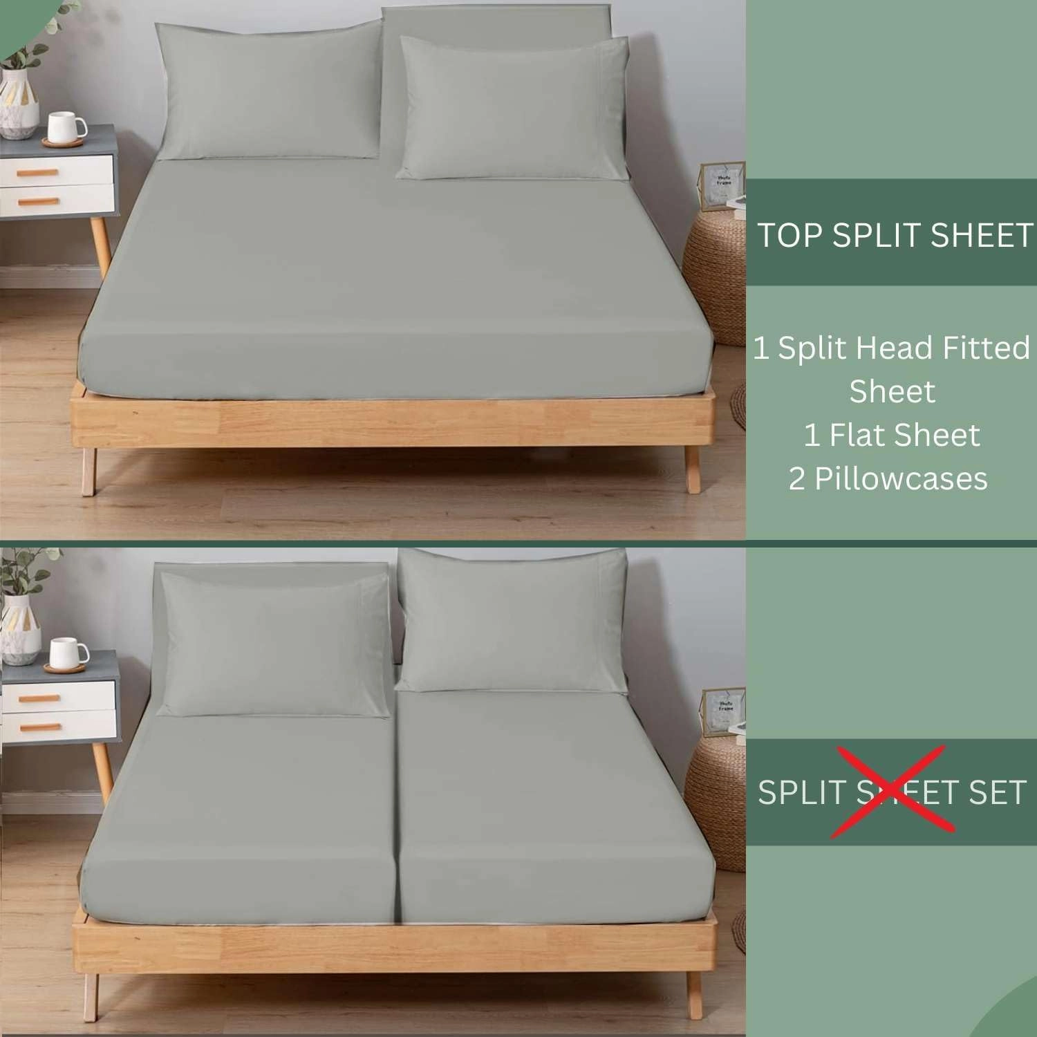 Top Split King Sheets Sets for Adjustable Beds, Sheets for Sleep Number Bed Split King Deep Pocket, 34" Split Top King Sheets 100% Cotton, Flex Top Sheets, Light Grey Solid